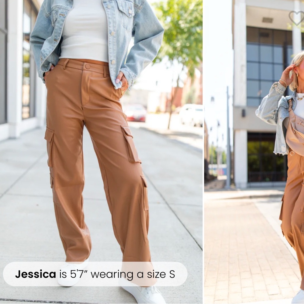 FOLLOW MY LEAD CAMEL FAUX LEATHER CARGO PANTS, PINKLILY